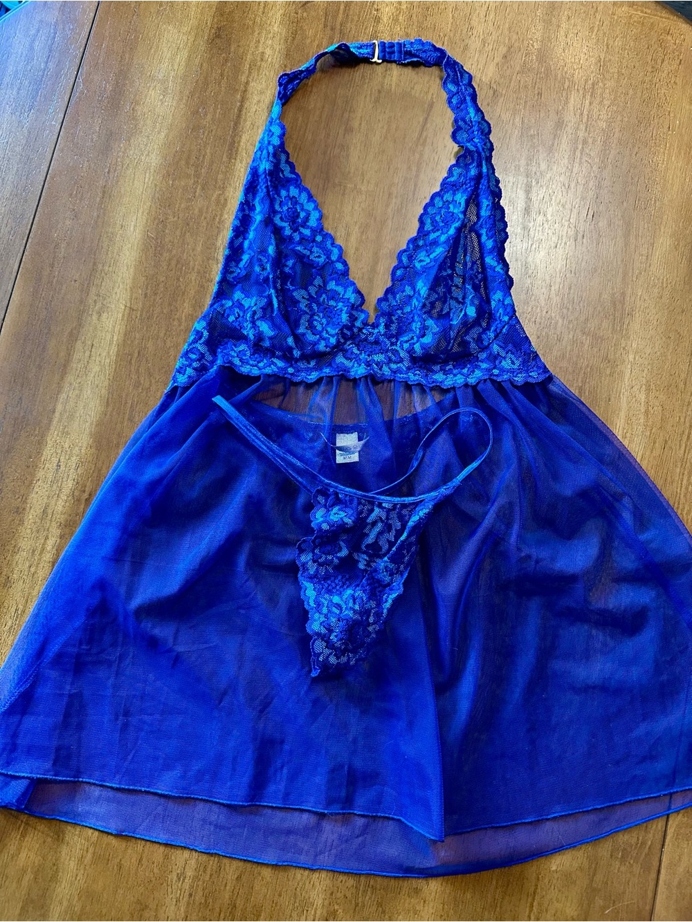 Vintage Y2K Victoria’s Secret Royal Blue Lace Halter Chemise and Thong Set